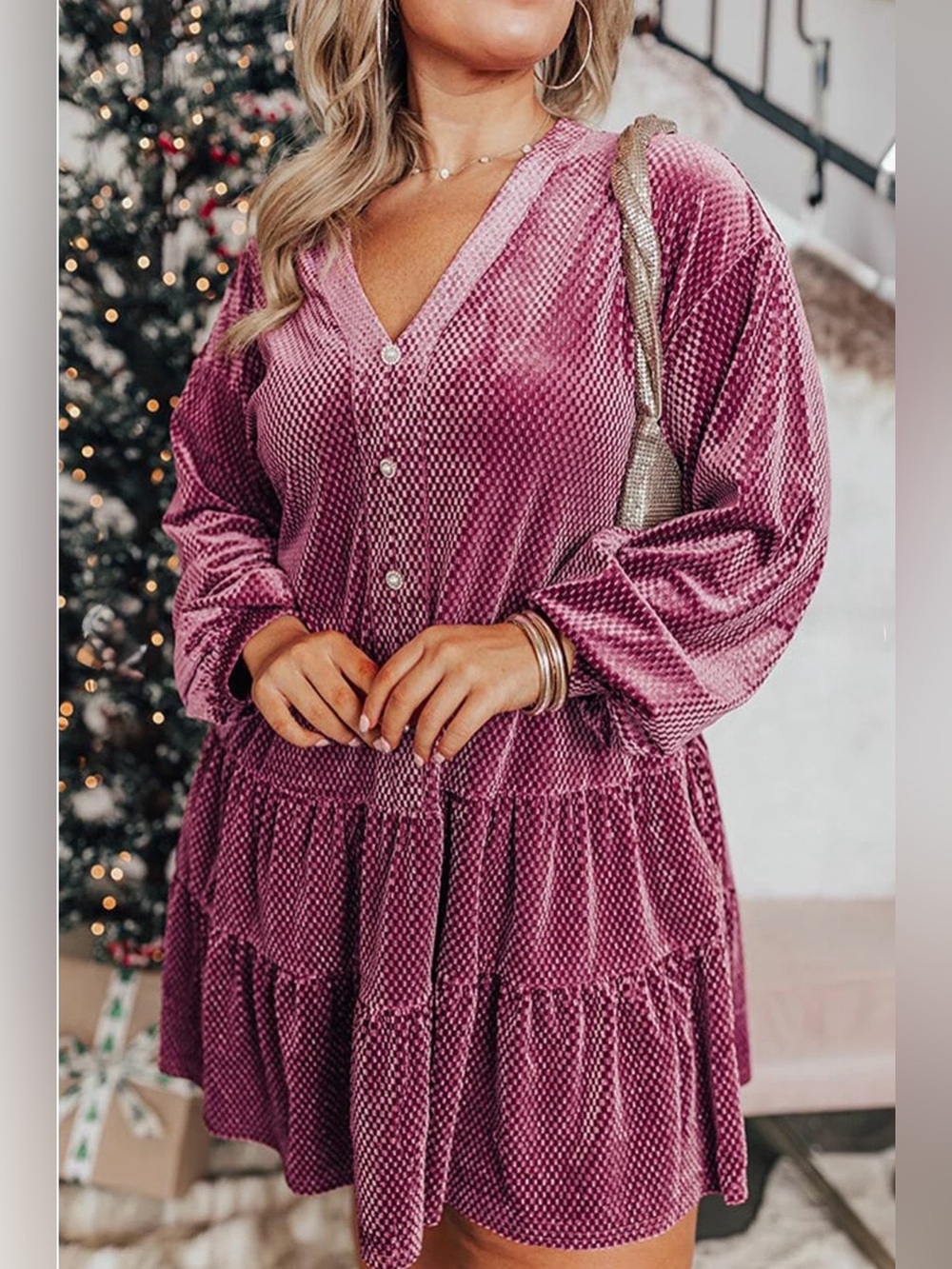 Fall Winter Textured Velvet Tiered Button V Neck Mini
Dress